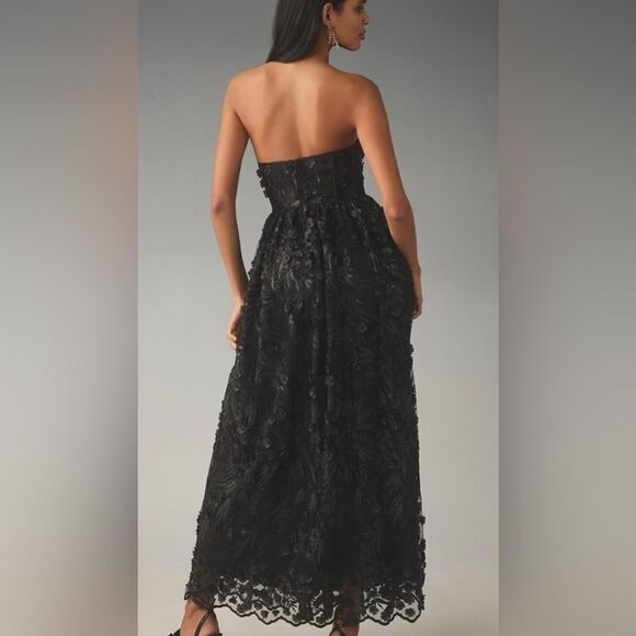 Anthropologie Payal Jain Strapless 3D Floral Beaded Lace Maxi Dress in Black - Picture 4 of 7